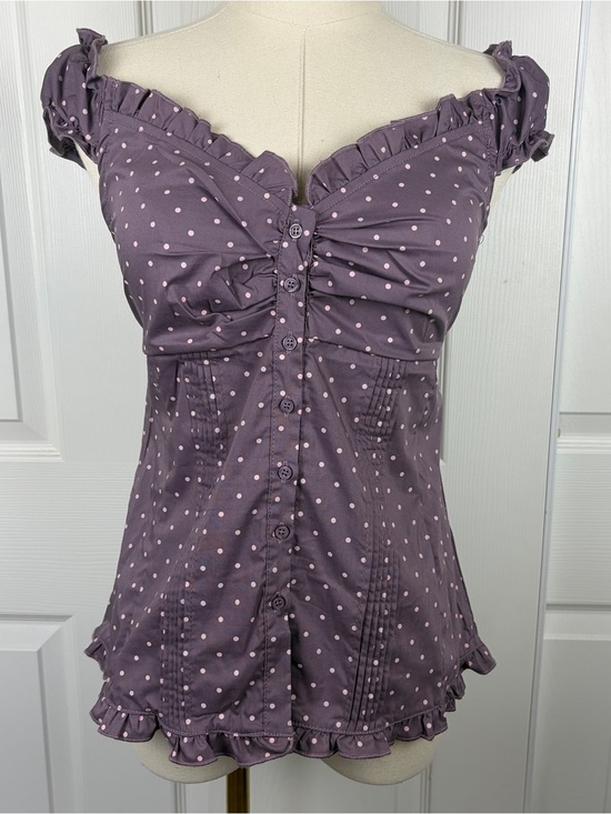 Romeo romeo Tops - Romeo Romeo Purple Polka Dot Ruffled Button-Front Top